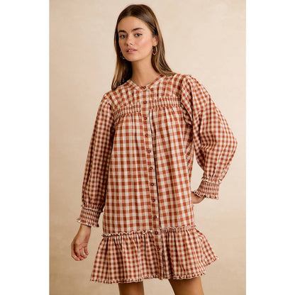 GINGHAM SMOCKED RUFFLE HEM MINI DRESS