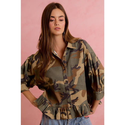 CAMO PRINTED RUFFLED HEM BUTTON DOWN BLOUSE