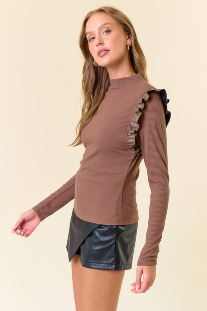 Mock Neck PU Ruffled Long Sleeve Top