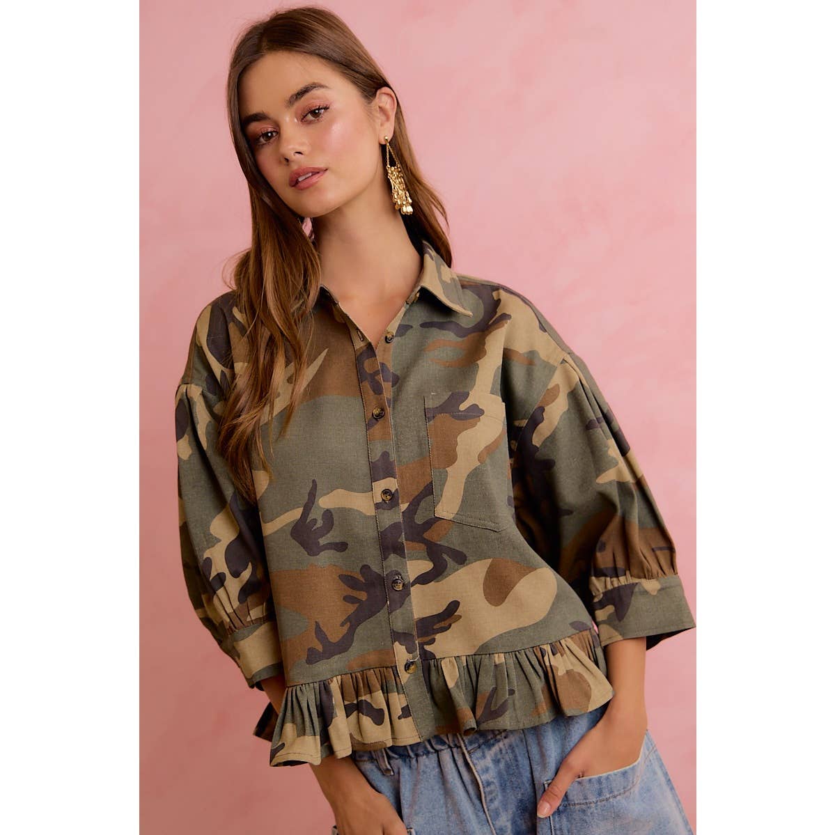 CAMO PRINTED RUFFLED HEM BUTTON DOWN BLOUSE