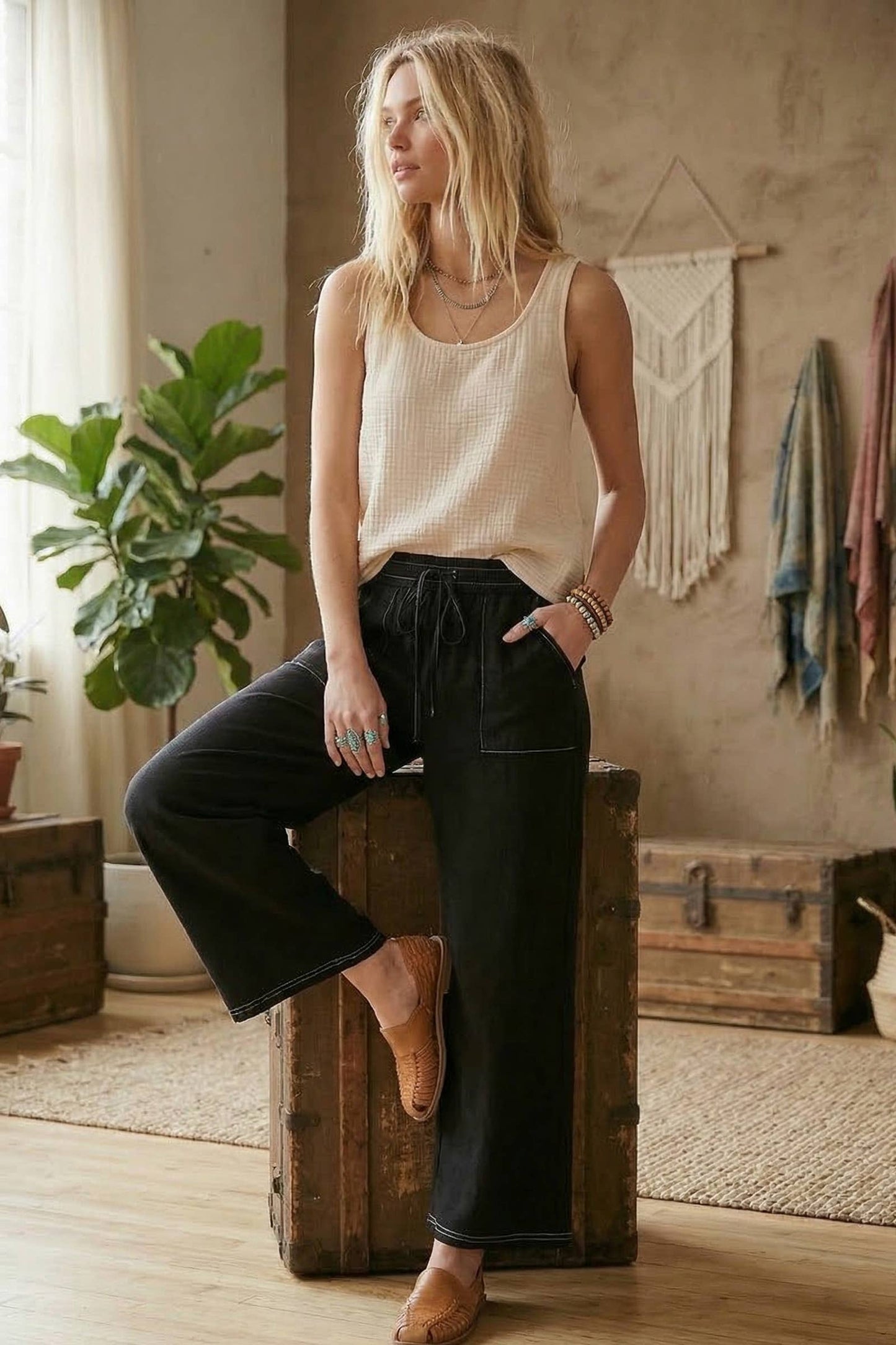 Relaxed Wide Leg Drawstring Knit Pants