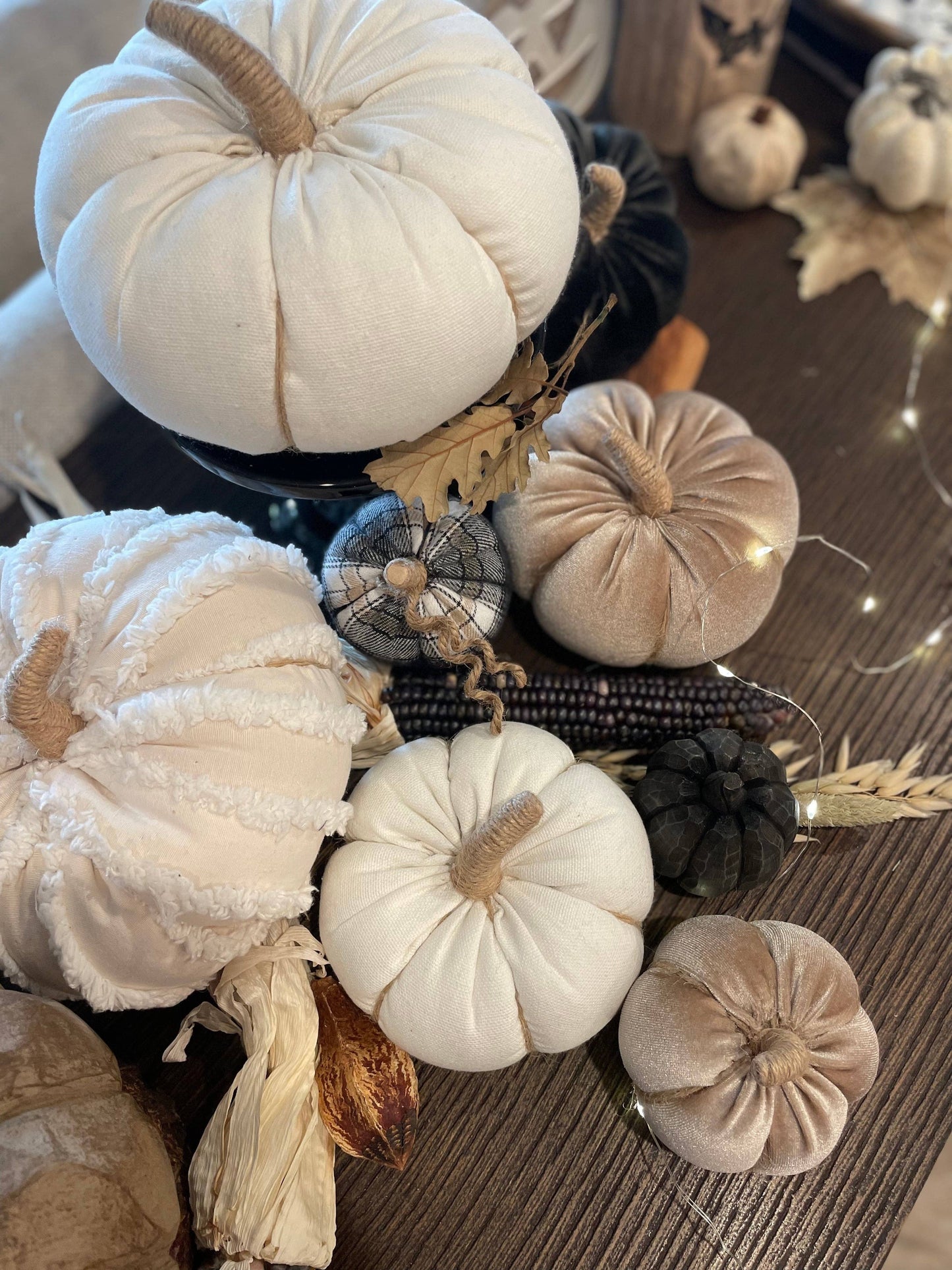 Medium White Fuzzy Stripes Fall Fabric Pumpkin