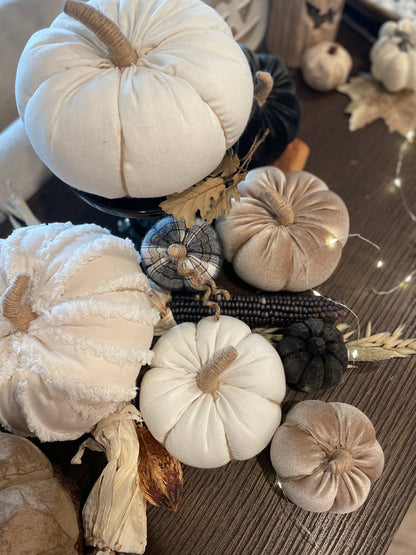 Medium White Fuzzy Stripes Fall Fabric Pumpkin