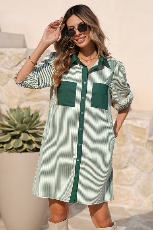 Patch Pockets Button Down Short Puff Sleeve Dress
