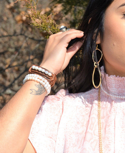 Dusty Leather Narrow Cuff with Genuine Freshwater Pearls