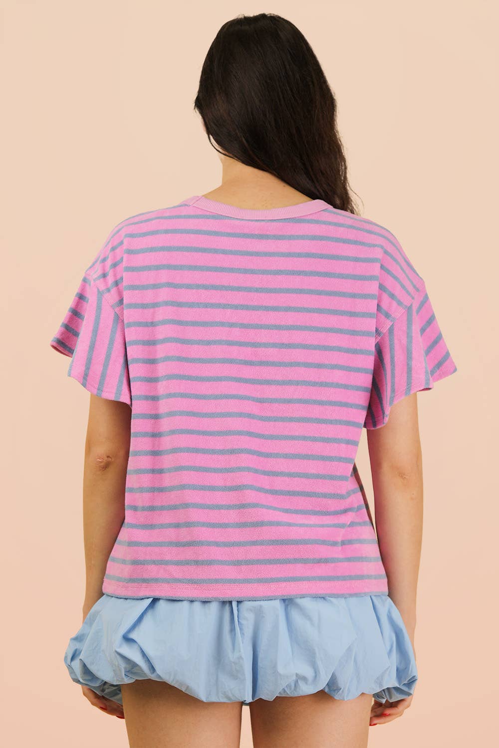 NT12476-Oversized Ruffle Sleeve Casual Stripe Knit Top