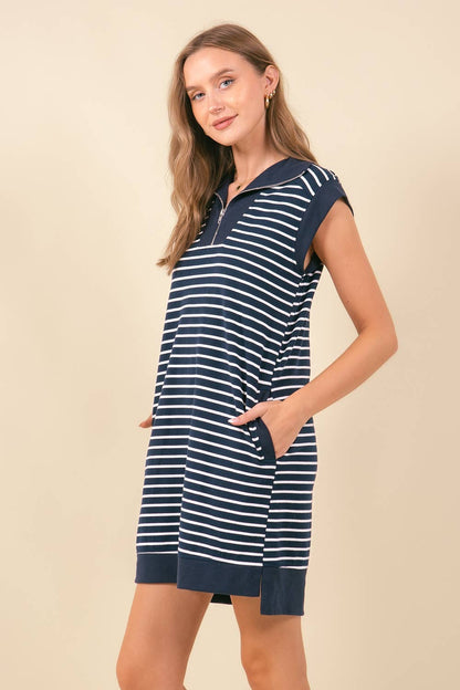 STRIPED FRENCH MINI DRESS W/ SIDE POCKETS - 27871D