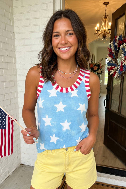 Star Print Striped Trim Casual Tank Top