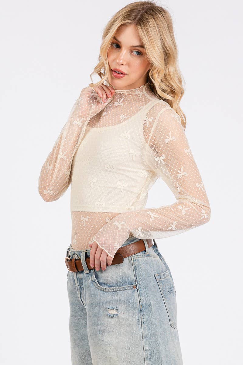 BOW PRINT LONG SLEEVE LACE TOP