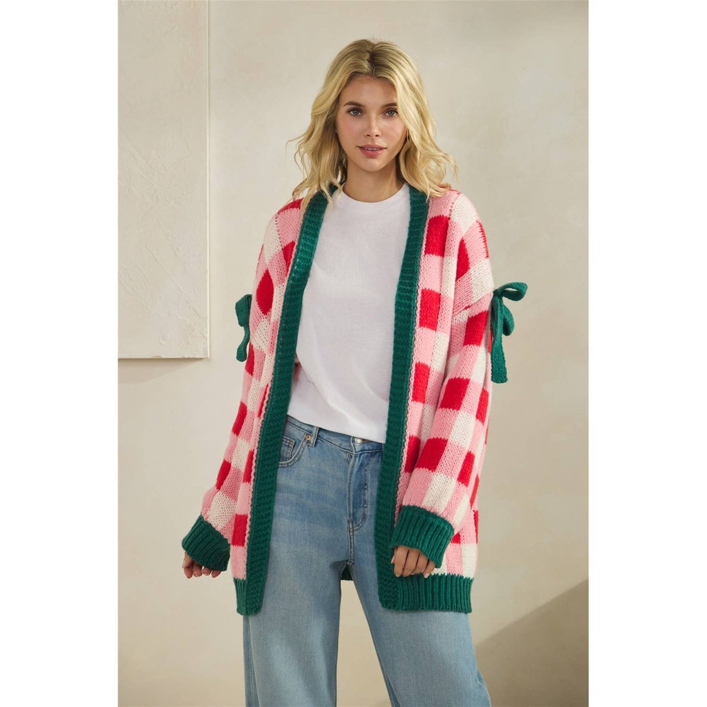 Checkered Cardigan with Ribbon Details