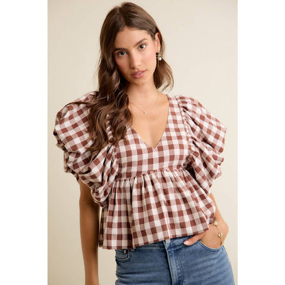 GINGHAM BUBBLE SLEEVES BACK SMOCKED BLOUSE TOP