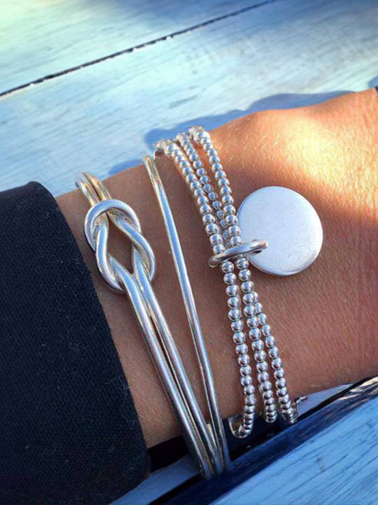 Silver Knotted Beaded 3-piece Bracelet Set