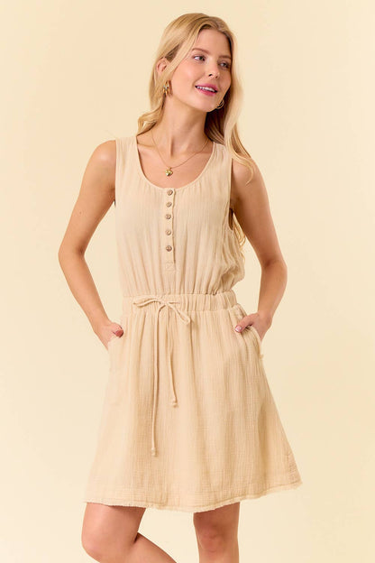 Scoop Neck Drawstring Waist Frayed Hem Mini Dress
