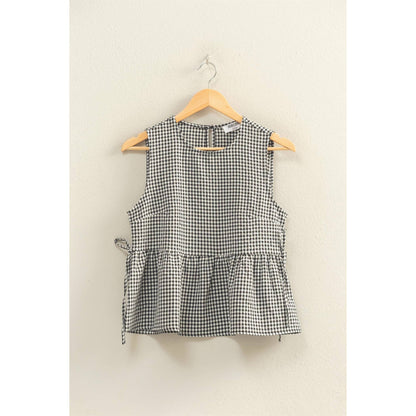 Gingham Sleeveless Peplum Top With Side Ties