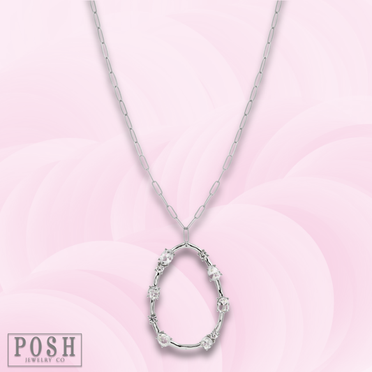 Silver paperclip chain necklace with rhinestone teardrop pendant