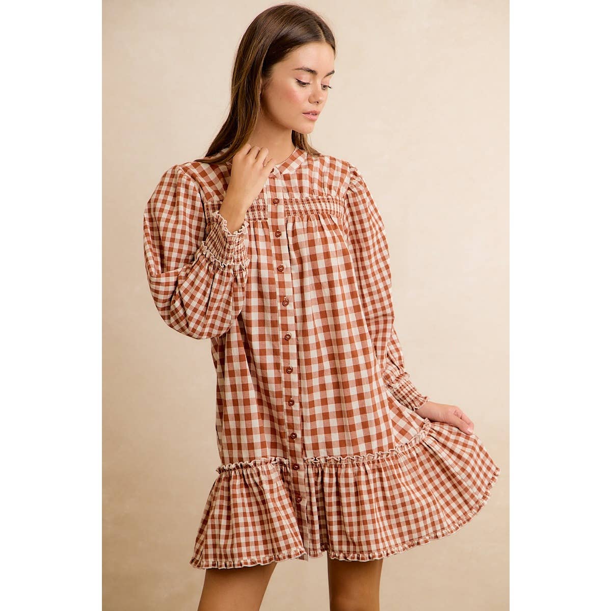 GINGHAM SMOCKED RUFFLE HEM MINI DRESS