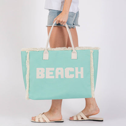 BEACH Embroidered Letter Fringe Summer Tote Bag