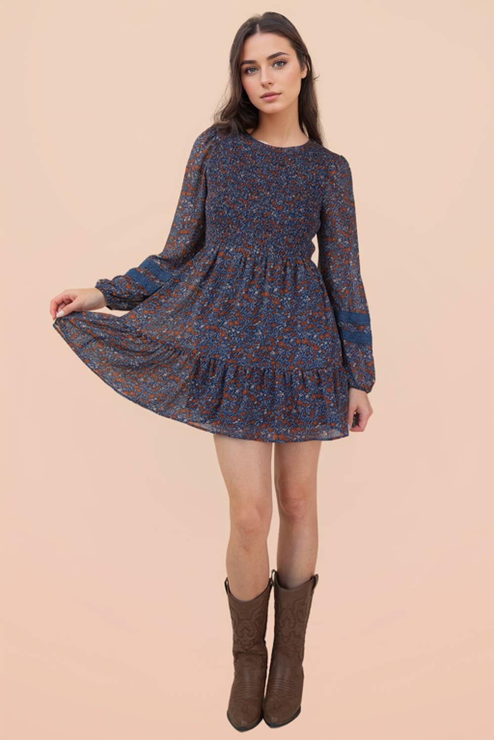PLUS SIZE Lace Trim Smocking Printed Mini Dress