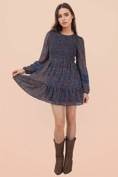 PLUS SIZE Lace Trim Smocking Printed Mini Dress