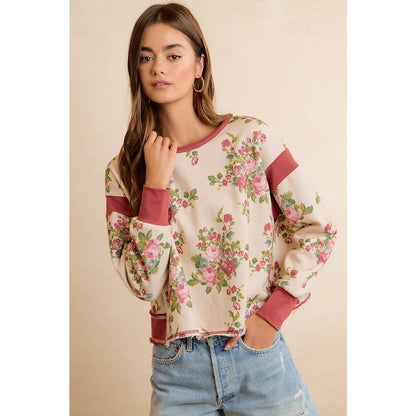 FLORAL BRUSHED OPEN BACK LONG SLEEVES TOP