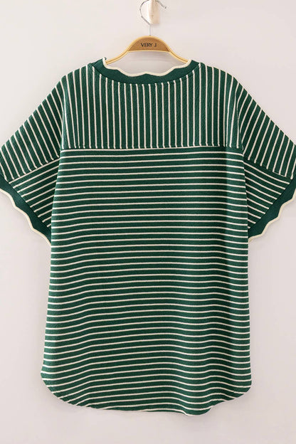 Scallop Trim Stripe Knit Top