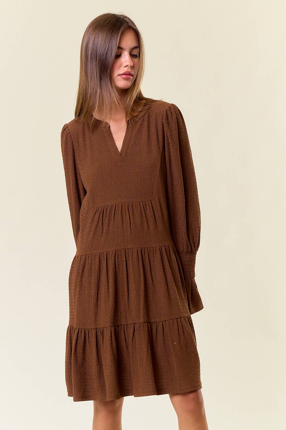 CUFF PUFF LONG SLEEVE TIERED MINI DRESS