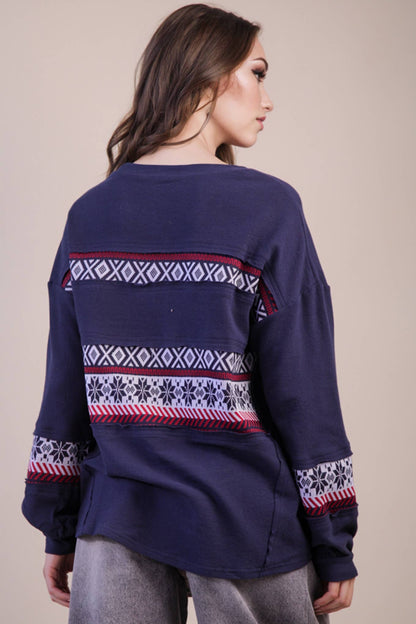 NT11784-Oversized Printed Knit Contrast Knit Top