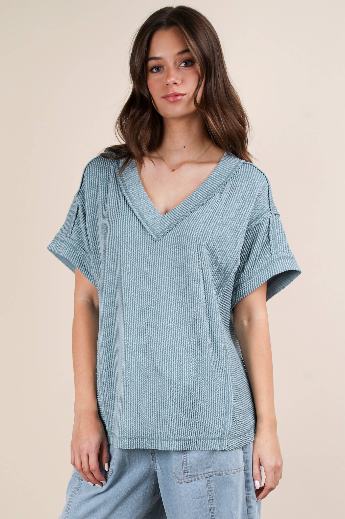 Soft Two Tone Casual Comfy Ribbed Knit Top