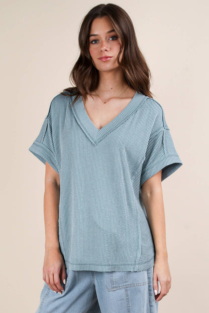 Soft Two Tone Casual Comfy Ribbed Knit Top