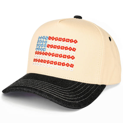 Daisy Flower Pattern USA Flag Trucker Cap