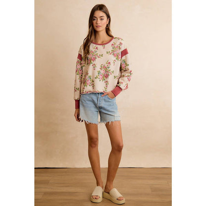 FLORAL BRUSHED OPEN BACK LONG SLEEVES TOP