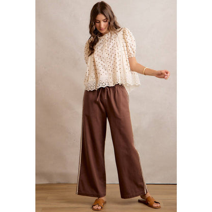 SIDE LACE TRIM COTTON DENIM WIDE LEG PULL ON PANTS