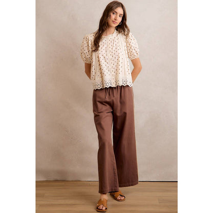 SIDE LACE TRIM COTTON DENIM WIDE LEG PULL ON PANTS