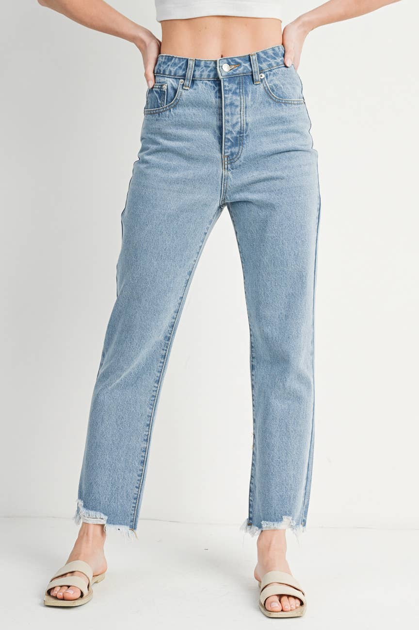 HIGH RISE STRAIGHT LEG DISTRESSED RAW HEM JEANS