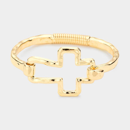 Hammered Open Metal Cross Hook Bracelet