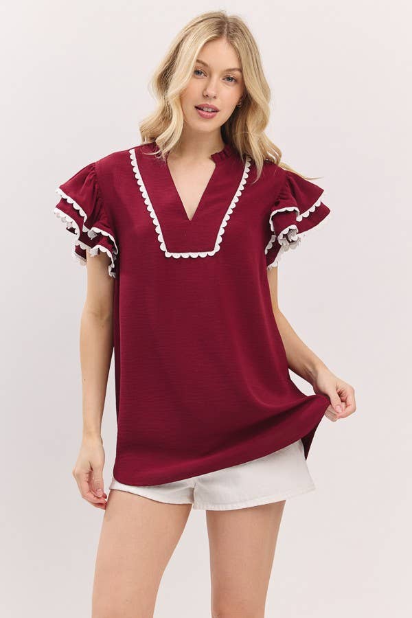 Game day Ruffle Sleeve Scallop Trim Top