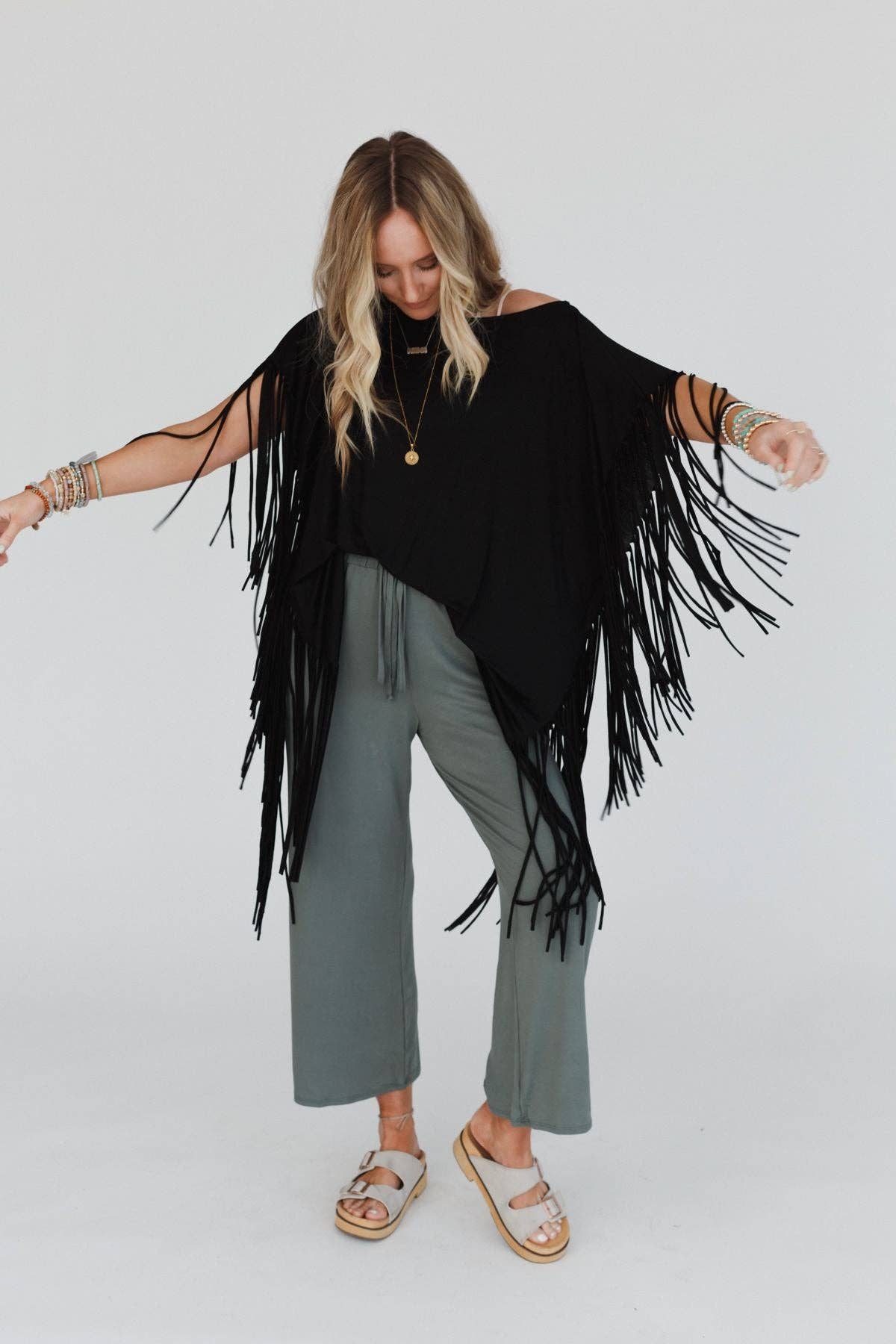 Oversized Western Showstopper Fringe Top - Black