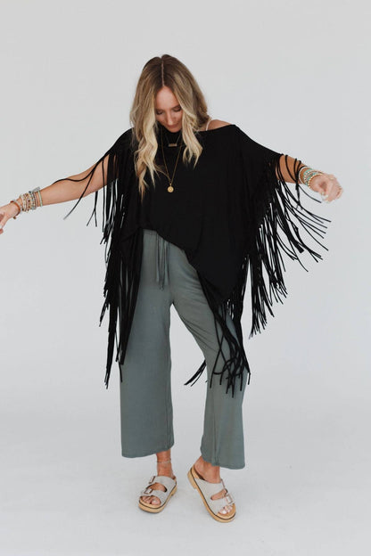 Oversized Western Showstopper Fringe Top - Black