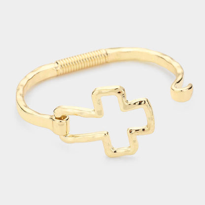 Hammered Open Metal Cross Hook Bracelet