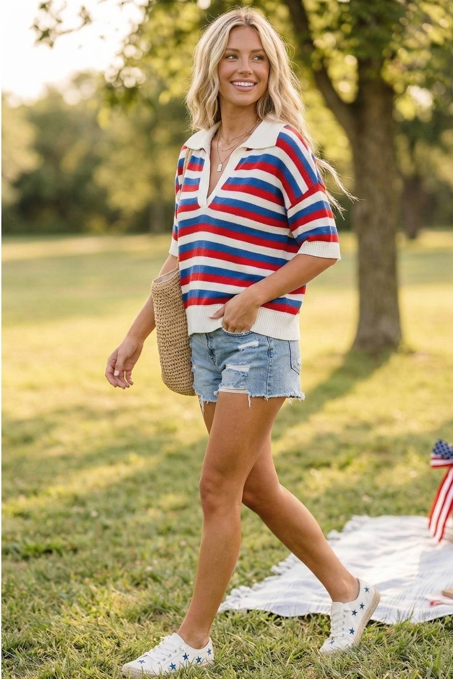 4th of July Americana Striped Lightweight Sweater Top