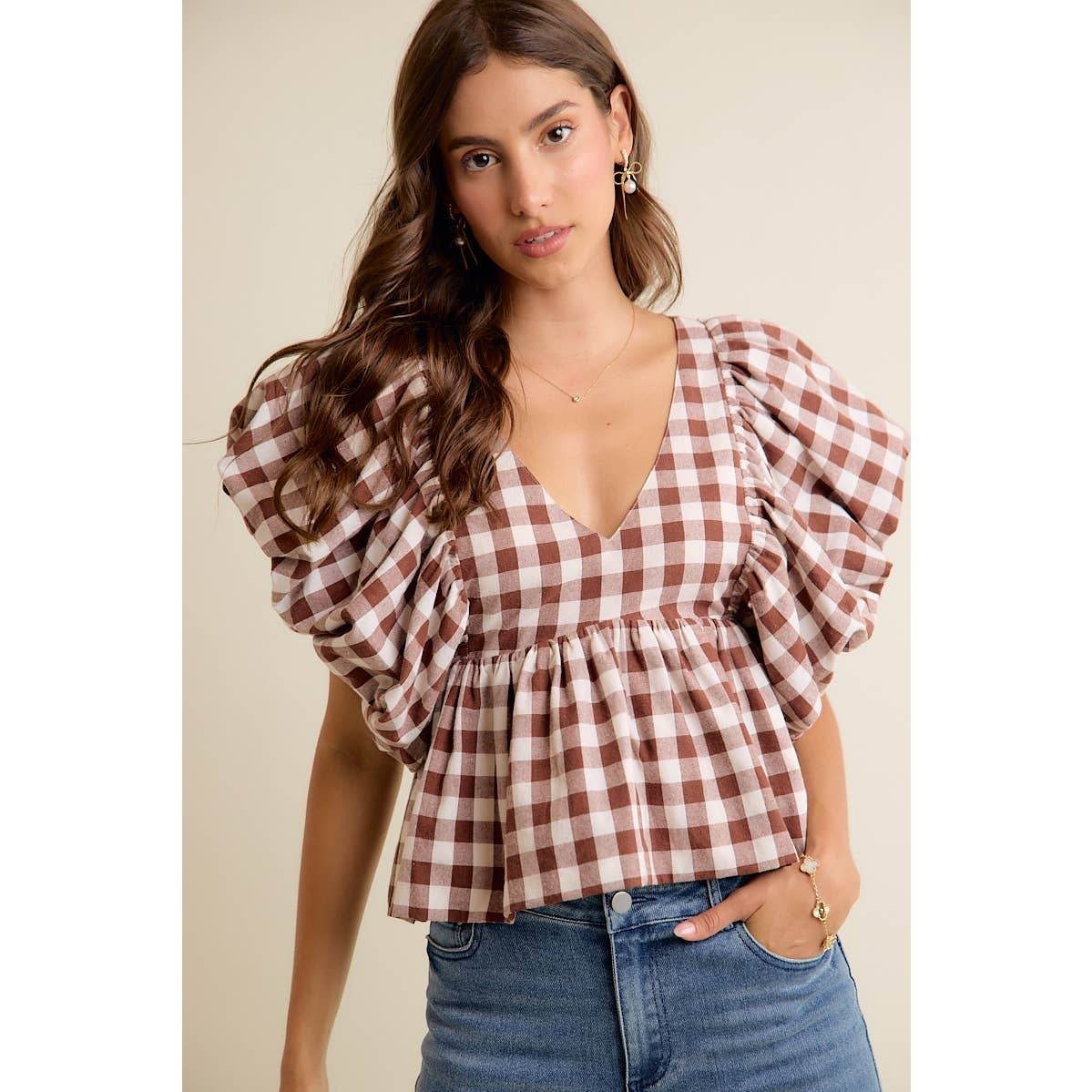 GINGHAM BUBBLE SLEEVES BACK SMOCKED BLOUSE TOP