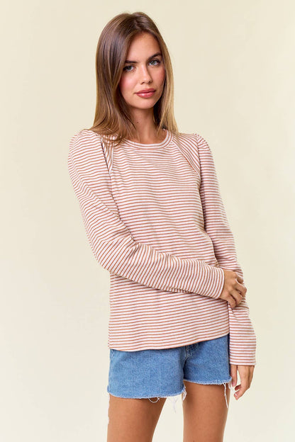 Light Weight Striped Jersey Puff Long Sleeve Top