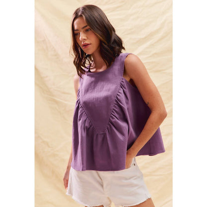 GAME DAY COLOR DENIM RUCHED SLEEVELESS TOP