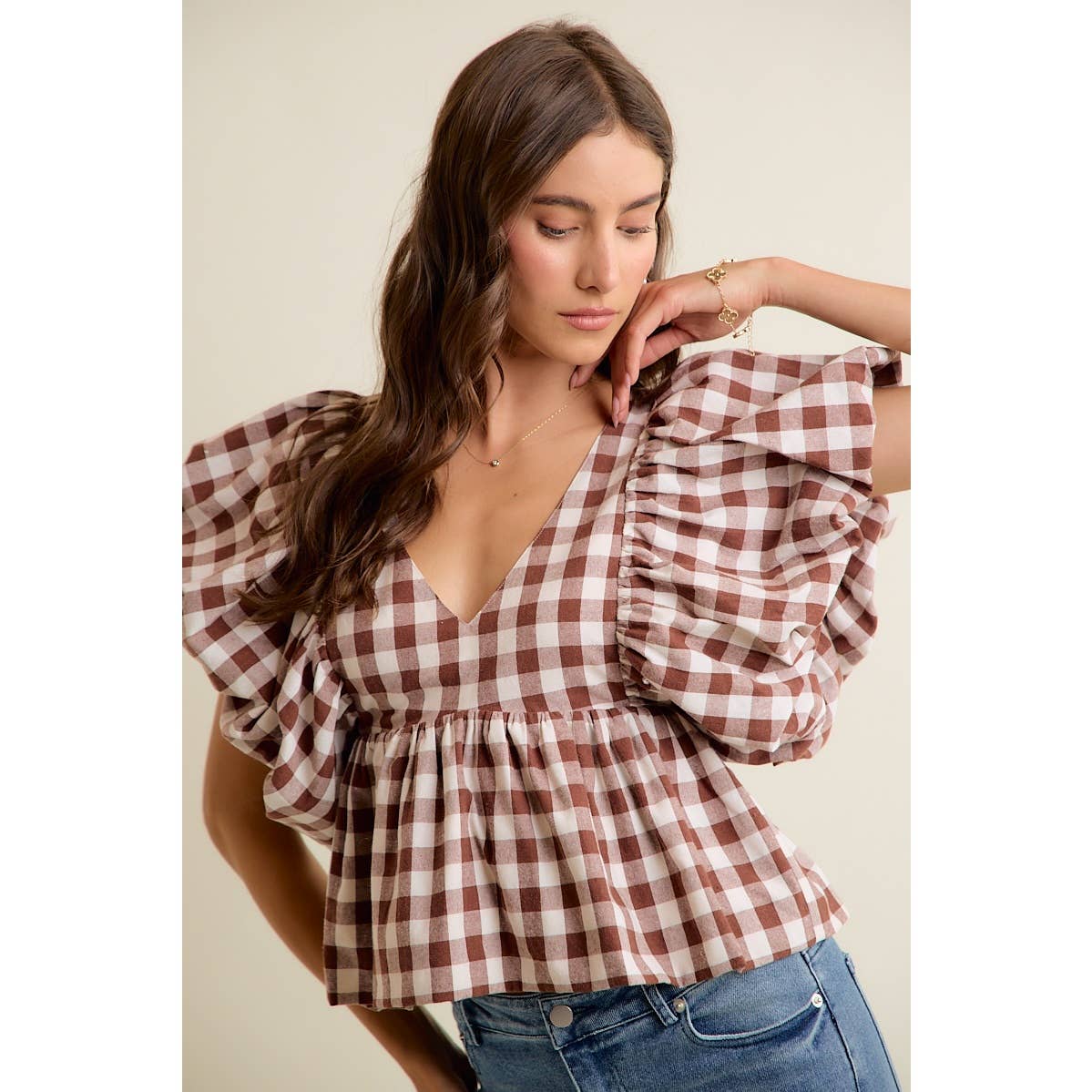 GINGHAM BUBBLE SLEEVES BACK SMOCKED BLOUSE TOP