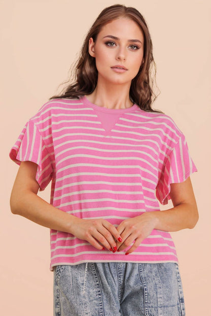 NT12476-Oversized Ruffle Sleeve Casual Stripe Knit Top