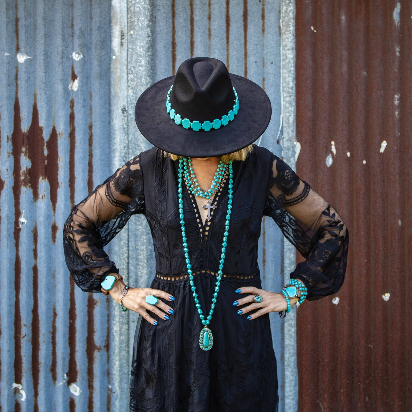 Long Western Turq Beaded Necklace w/Squash Blossom Pendant