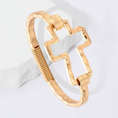 Hammered Open Metal Cross Hook Bracelet