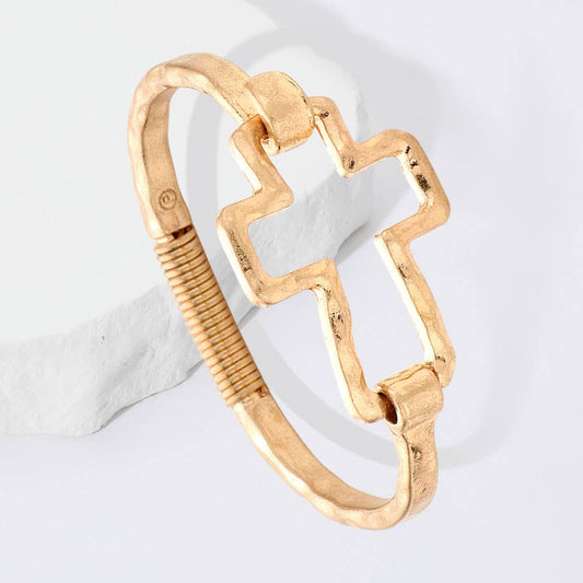 Hammered Open Metal Cross Hook Bracelet