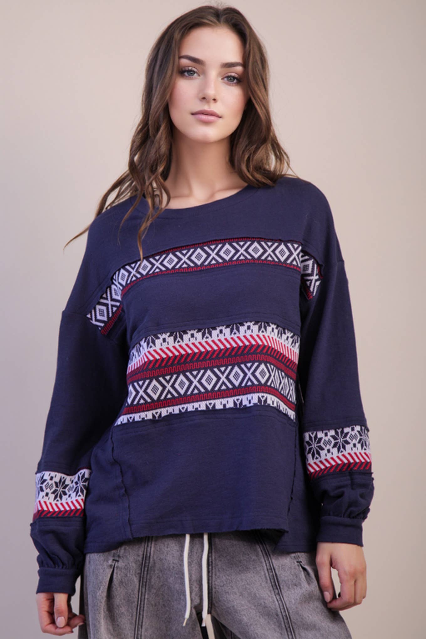 NT11784-Oversized Printed Knit Contrast Knit Top
