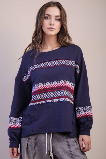 NT11784-Oversized Printed Knit Contrast Knit Top